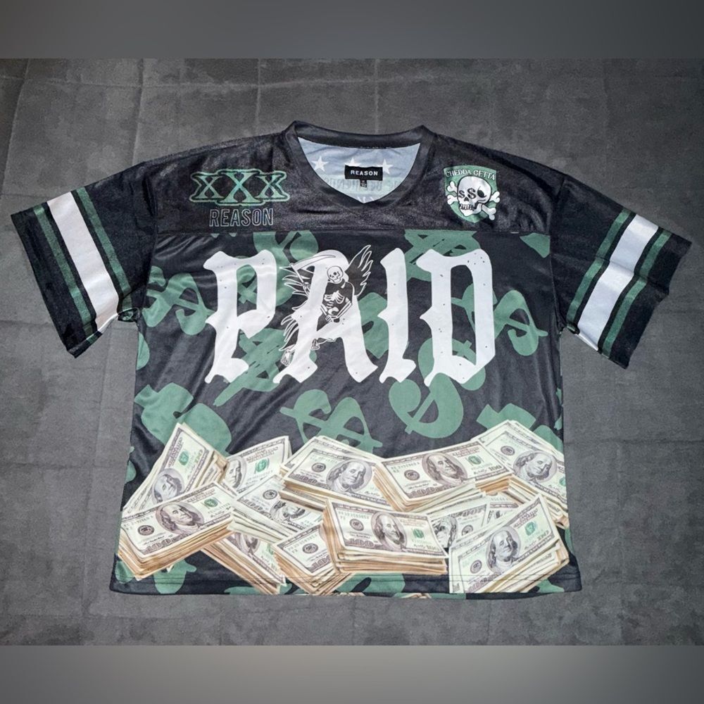 Reason Men's Black and Green 'Paid' Graphic Jersey Size XL